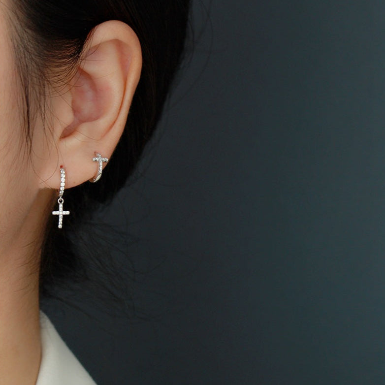 Cross Micropave Huggies in Sterling Silver