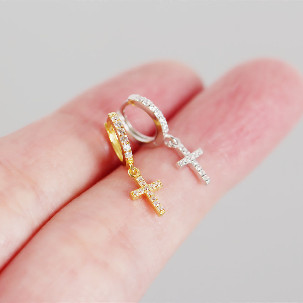 Cross Micropave Huggies in Sterling Silver
