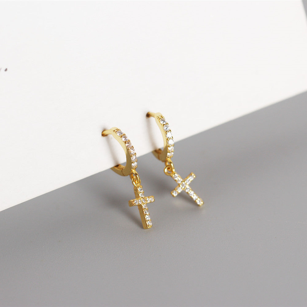 Cross Micropave Huggies in Sterling Silver