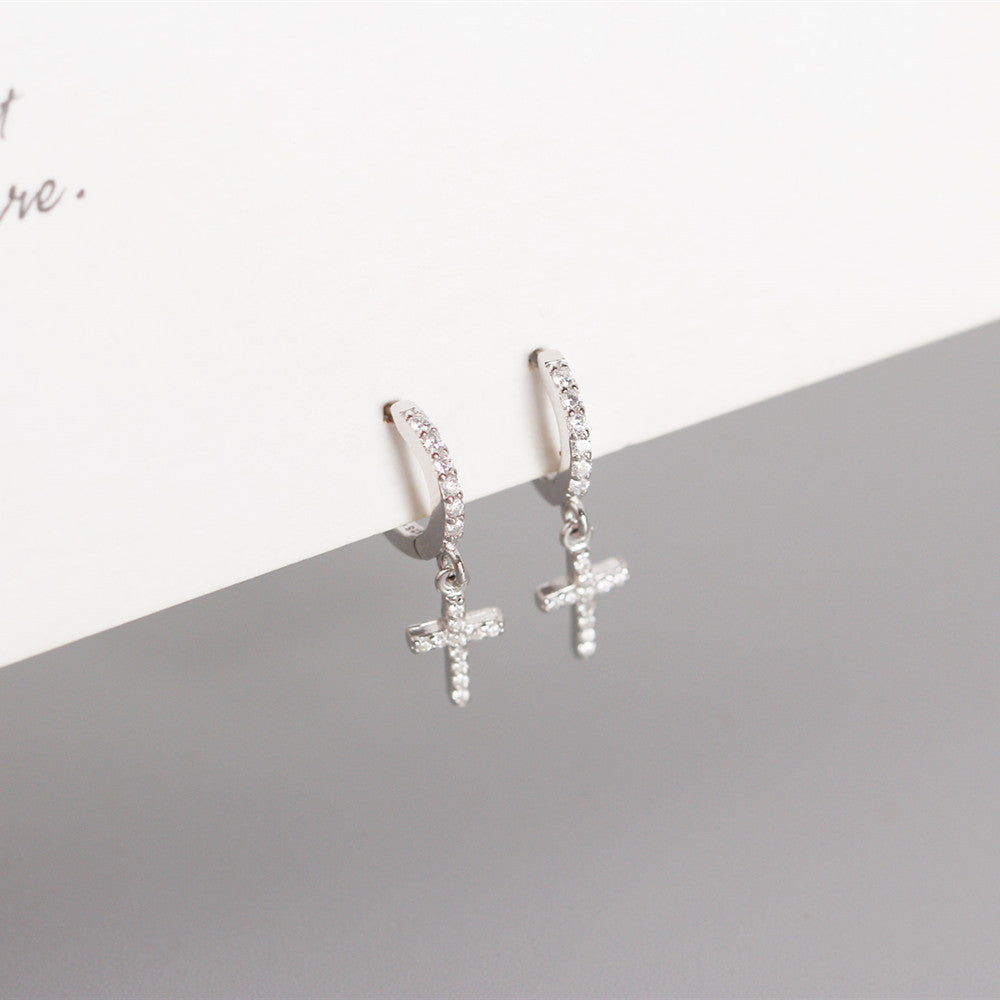 Cross Micropave Huggies in Sterling Silver