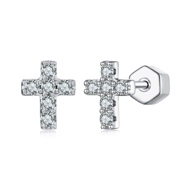 Cross Moissanite Studs in Sterling Silver