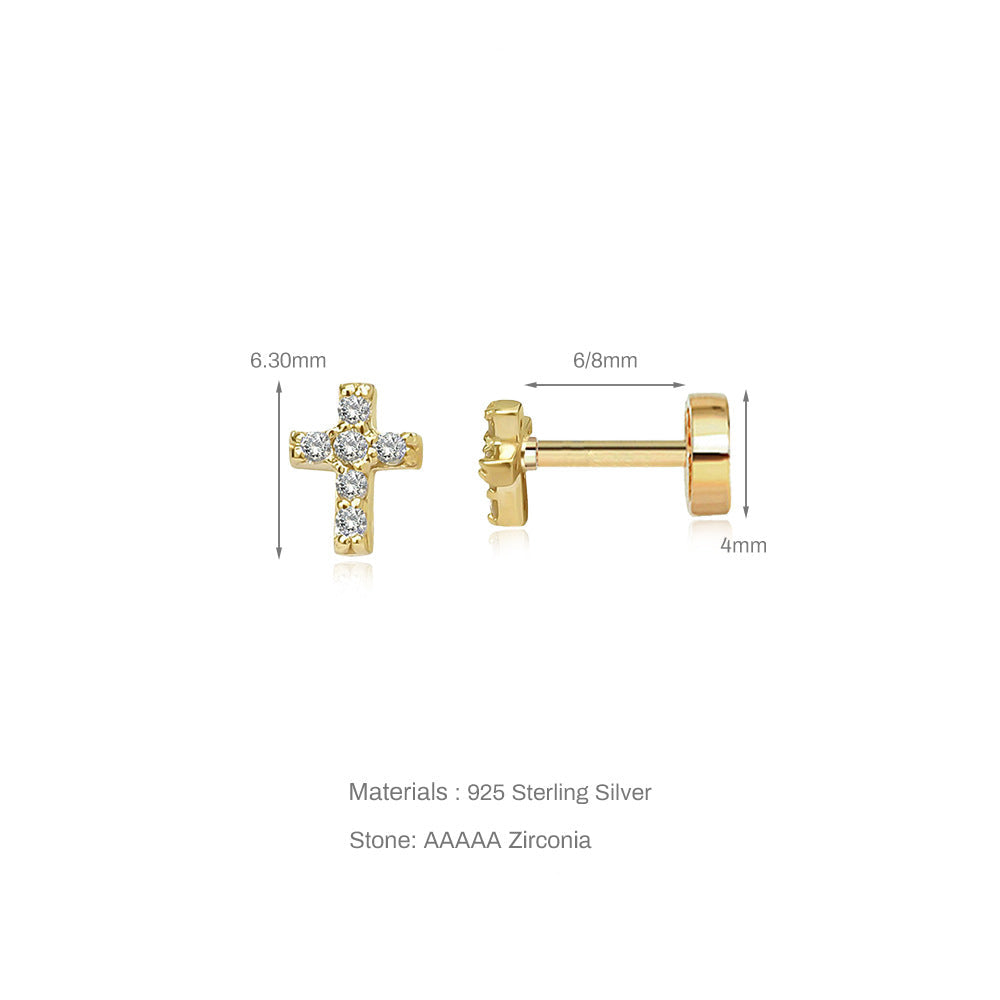 Gold cross earrings with measurements on a white background