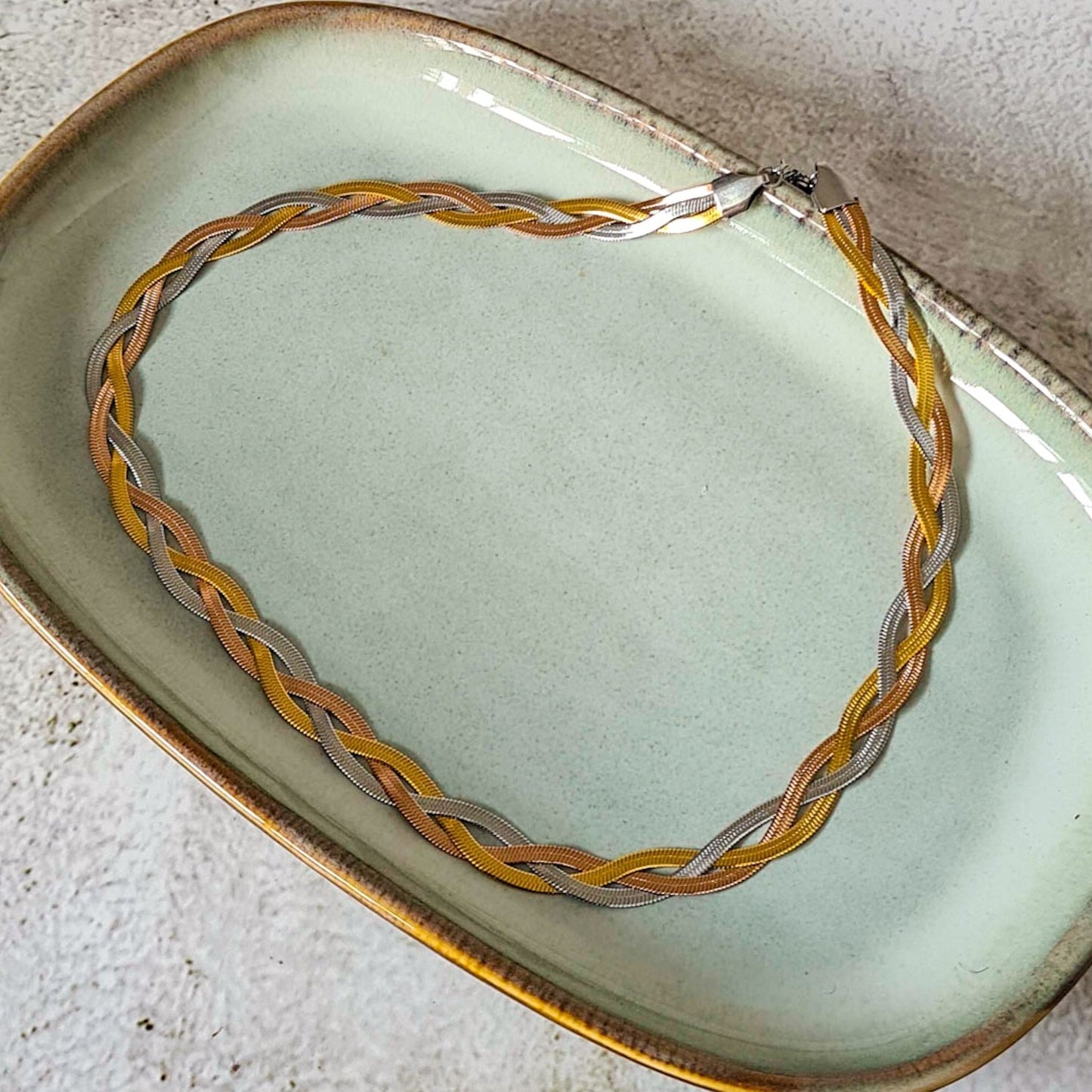 Stainless steel silver, gold and rose gold twisted herringbone snake chain necklace