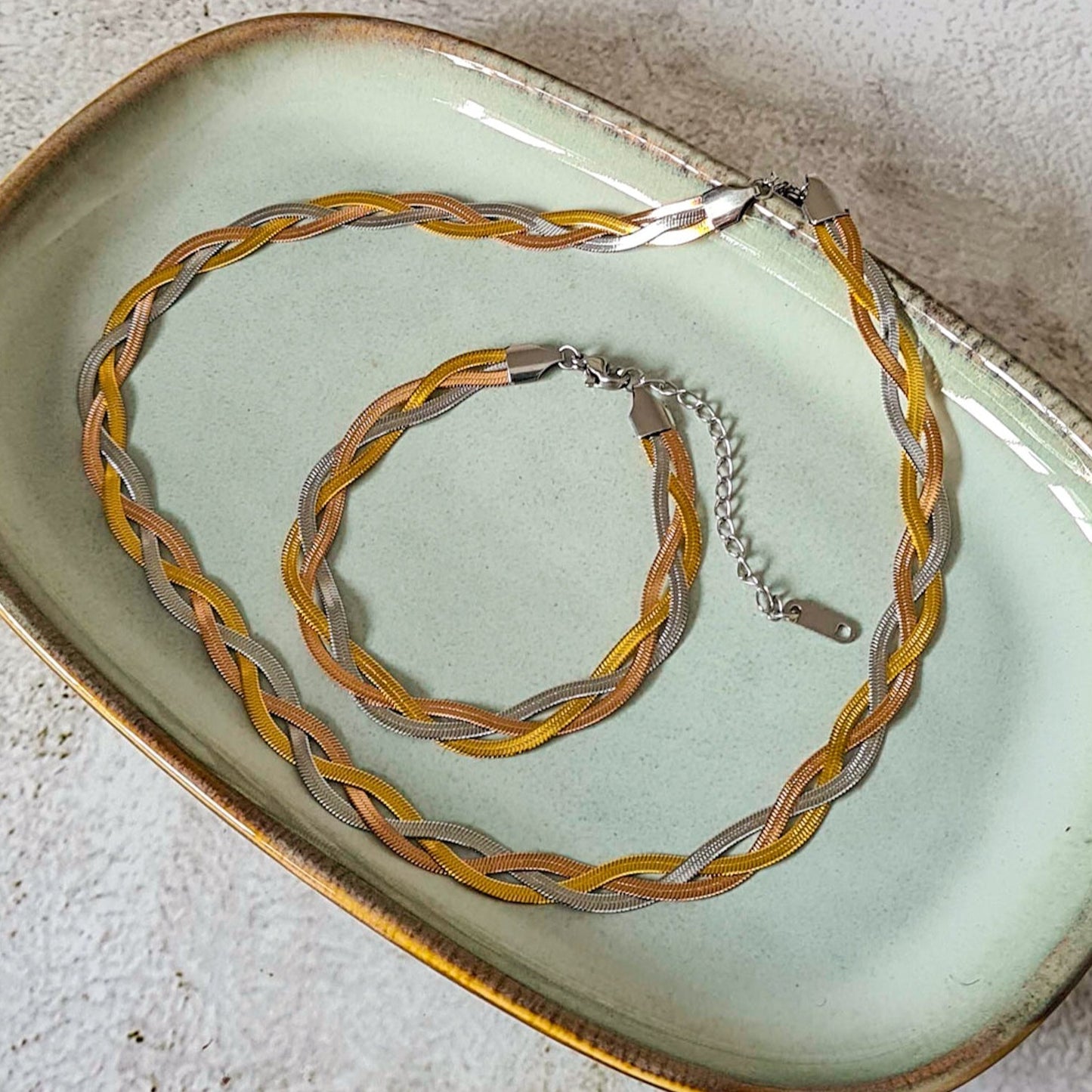 Stainless steel silver, gold and rose gold twisted herringbone snake chain necklace