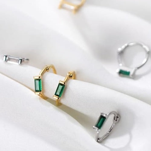 Colour Pop Baguette Huggie in Sterling Silver, yellow gold, white and green diamante