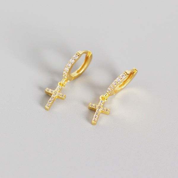 Cross Micropave Huggies in Sterling Silver