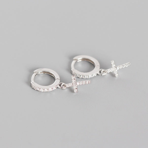 Cross Micropave Huggies in Sterling Silver