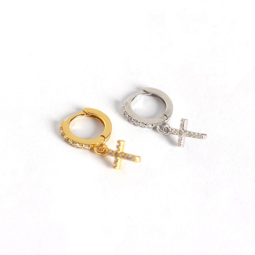 Cross Micropave Huggies in Sterling Silver