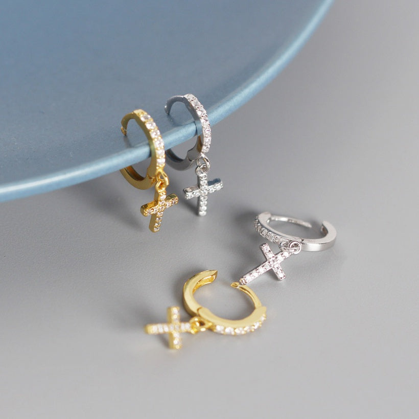 Cross Micropave Huggies in Sterling Silver