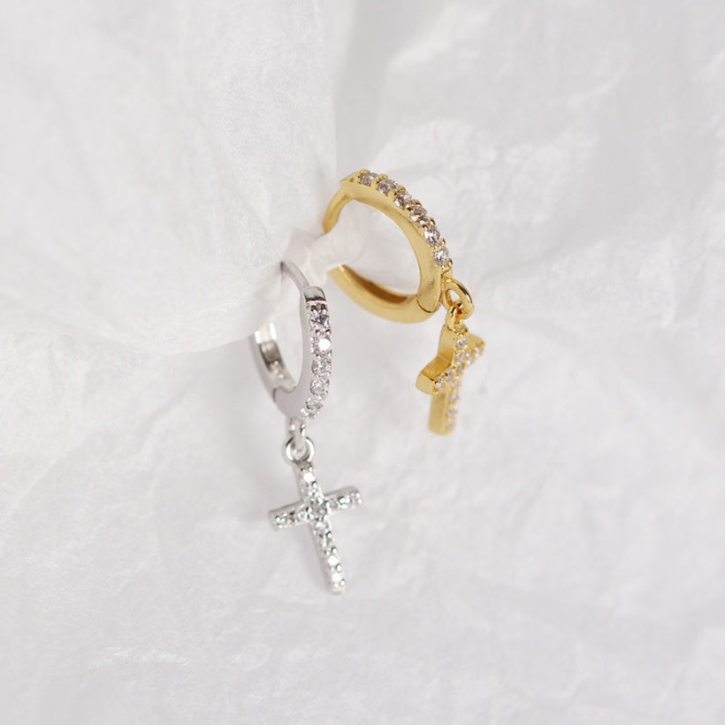 Cross Micropave Huggies in Sterling Silver