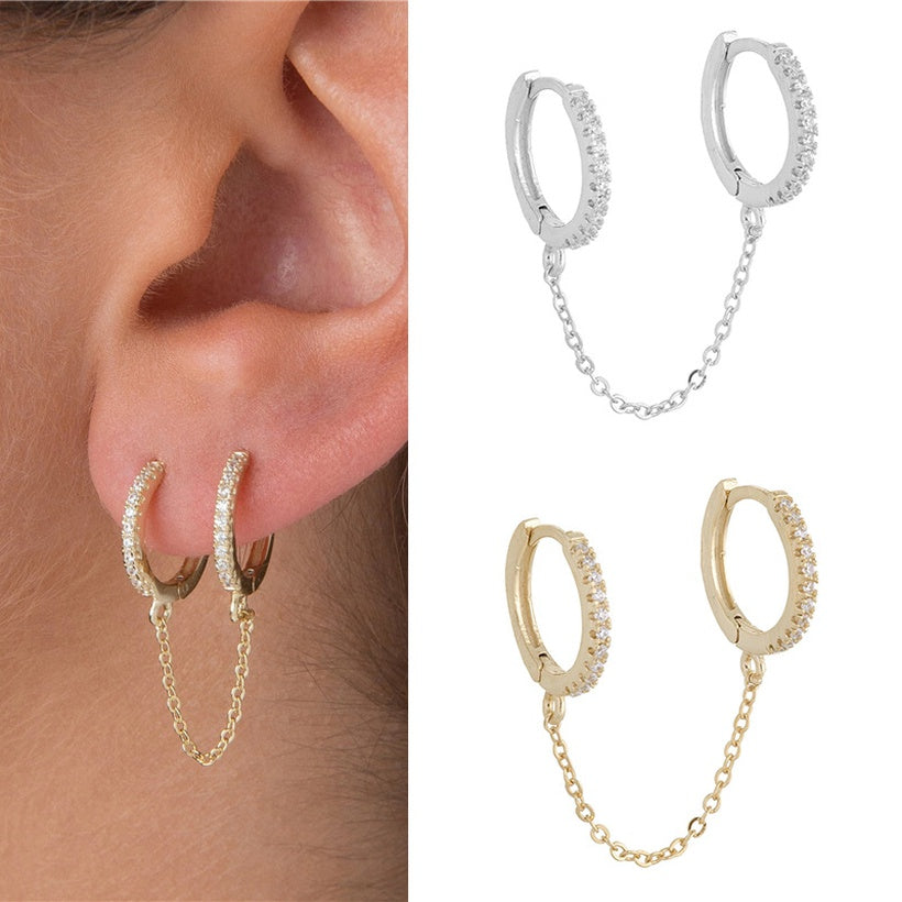 Double Micropave Chain Huggie in Sterling Silver