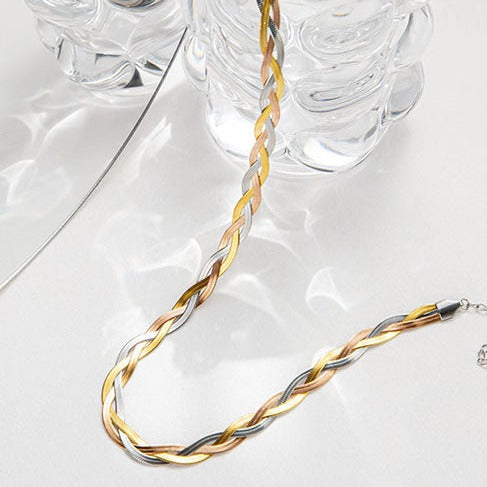 Stainless steel silver, gold and rose gold twisted herringbone snake chain necklace