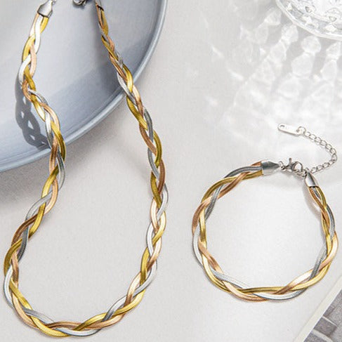 Stainless steel silver, gold and rose gold twisted herringbone snake chain necklace