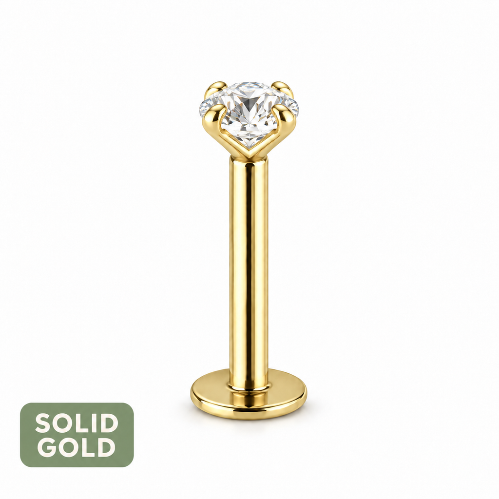 2mm CZ | Solid Gold Threadless Flat Back Stud 16G Gauge