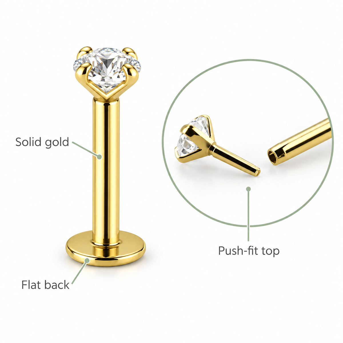 2mm CZ | Solid Gold Threadless Flat Back Stud 16G Gauge