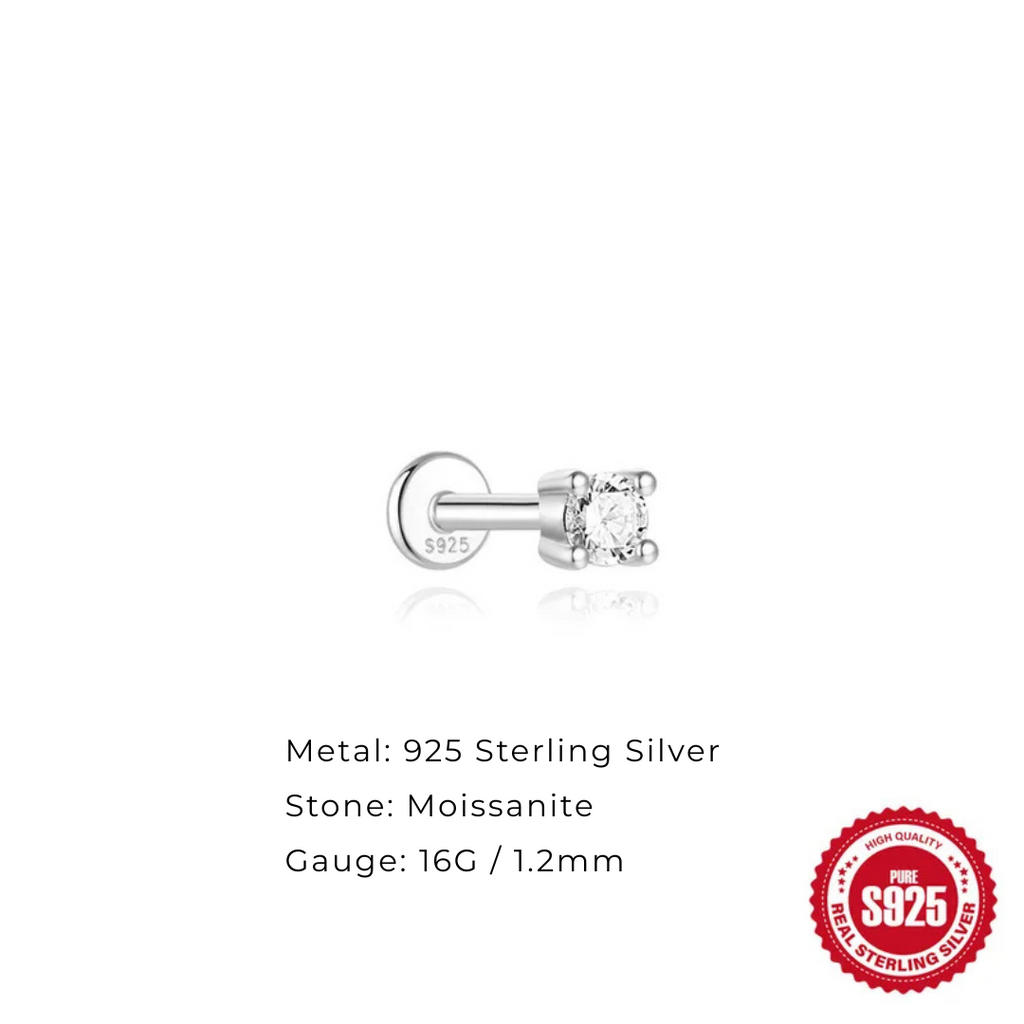 3mm Moissanite | Sterling Silver Flat Back Stud 16G Gauge