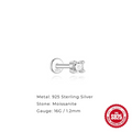 3mm Moissanite | Sterling Silver Flat Back Stud 16G Gauge