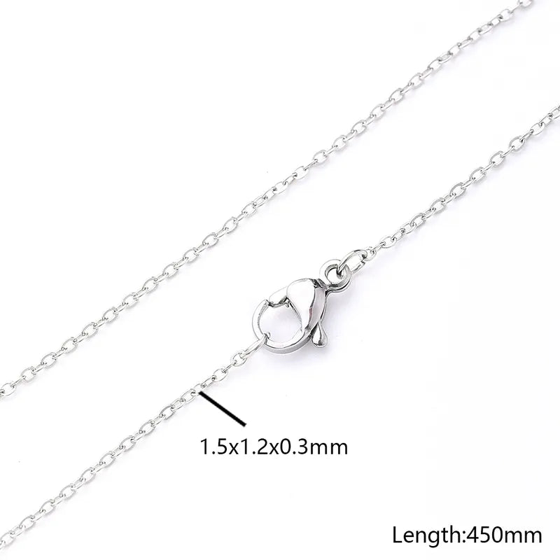Silver chain with clasp and measurement details on a white background