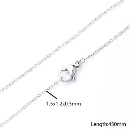 Silver chain with clasp and measurement details on a white background