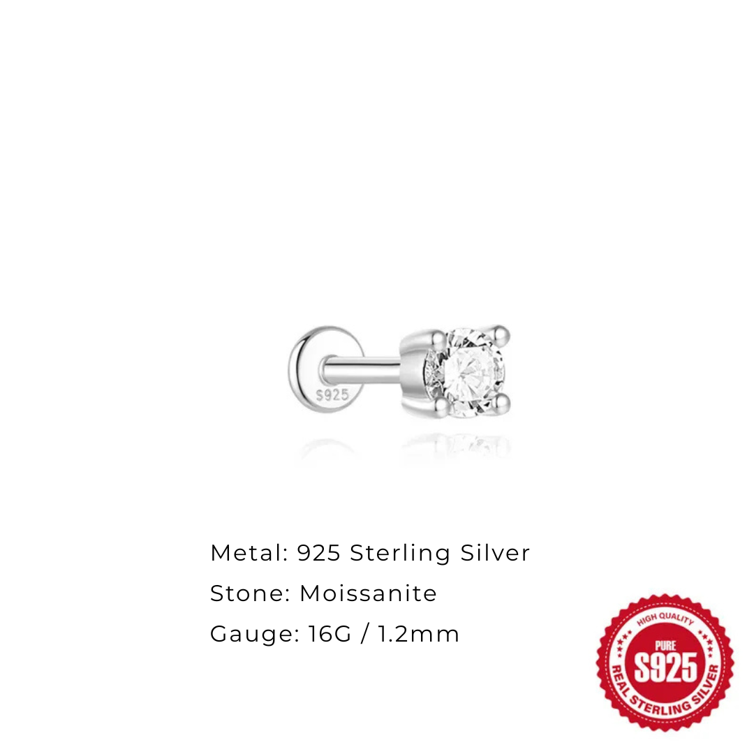 4mm Moissanite | Sterling Silver Flat Back Stud 16G Gauge