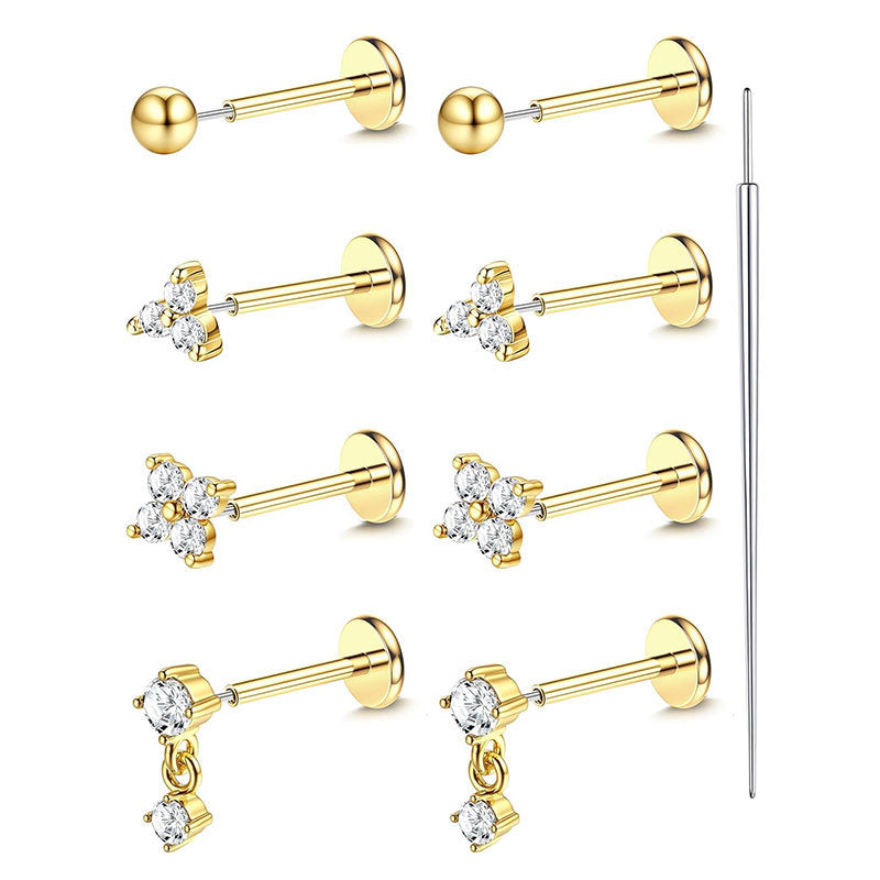 9-Piece Piercing Set | Stainless Steel Threadless Flat Back Studs 20G Gauge