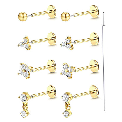 9-Piece Piercing Set | Stainless Steel Threadless Flat Back Studs 20G Gauge