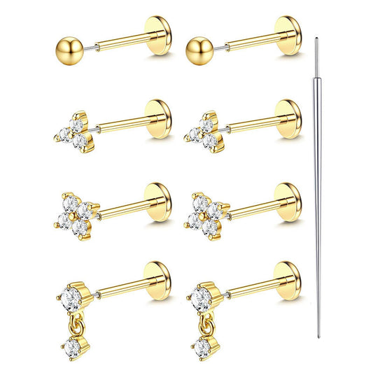 9-Piece Piercing Set | Stainless Steel Threadless Flat Back Studs 20G Gauge