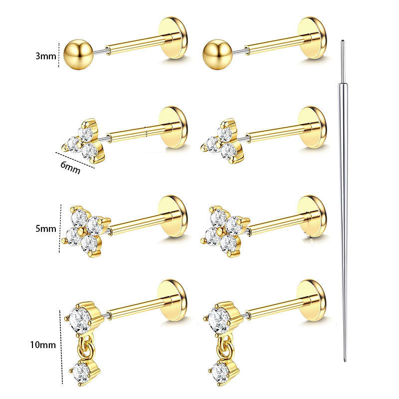 9-Piece Piercing Set | Stainless Steel Threadless Flat Back Studs 20G Gauge