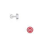 Silver earring with baguette cut gemstone on a white background, featuring a 925 stamp.