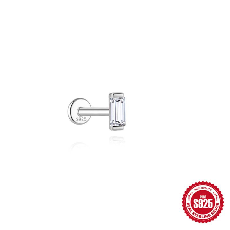Silver earring with baguette cut gemstone on a white background, featuring a 925 stamp.