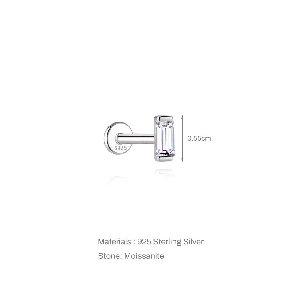 Baguette Moissanite | Sterling Silver Flat Back Stud 16G Gauge
