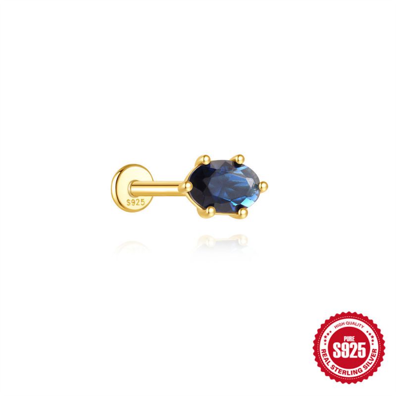 Blue Oval | Sterling Silver Flat Back Stud 16G Gauge