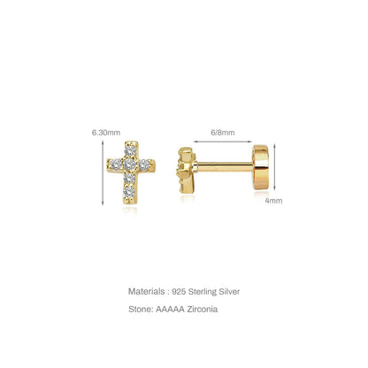 Gold cross earrings with measurements on a white background