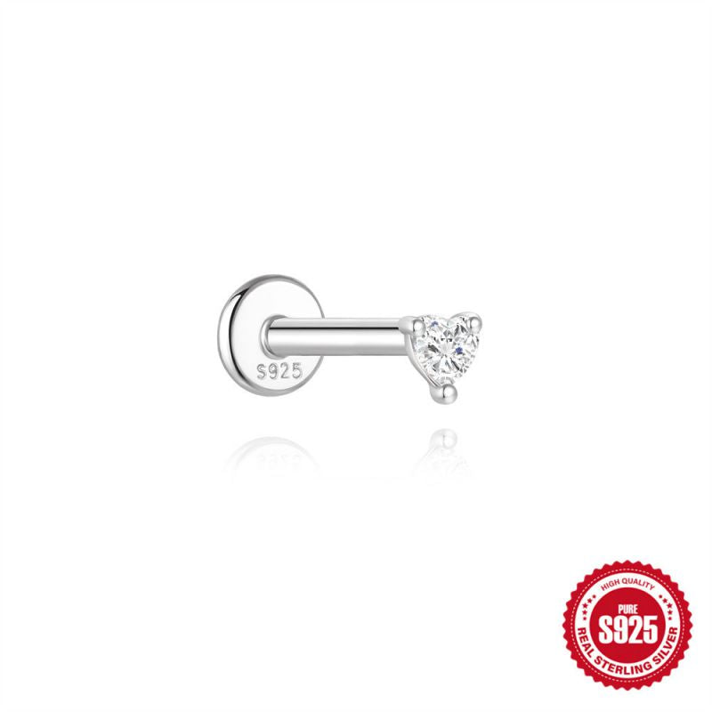 Heart Moissanite | Sterling Silver Flat Back Stud 16G Gauge