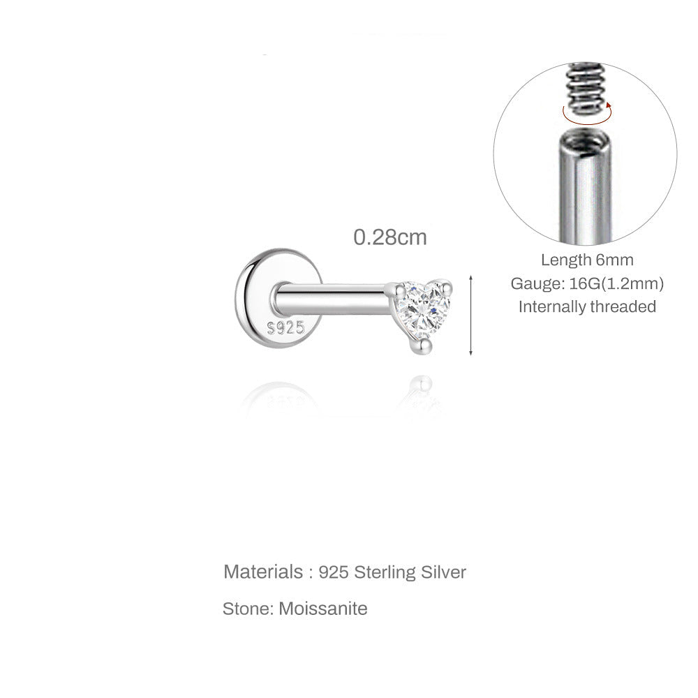 Heart Moissanite | Sterling Silver Flat Back Stud 16G Gauge