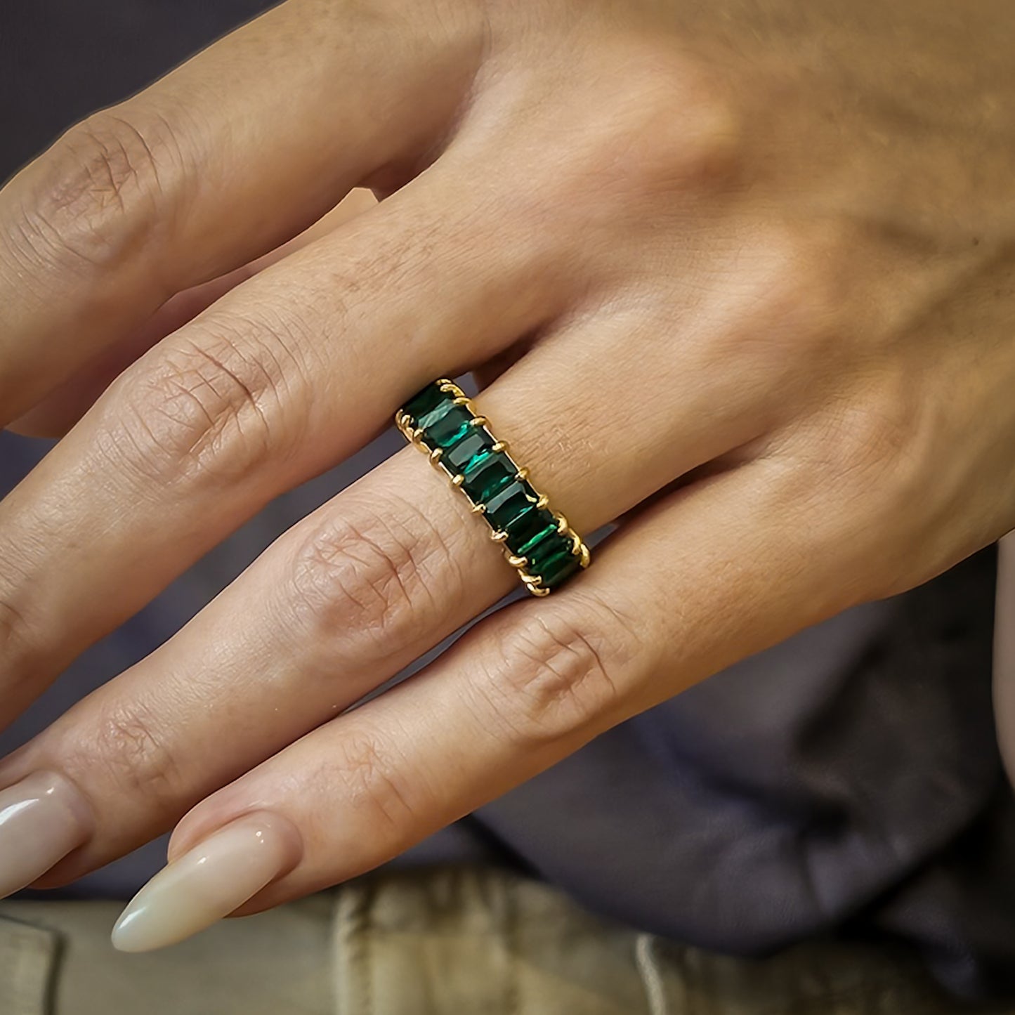 Green & Gold Emerald Cut Eternity Ring