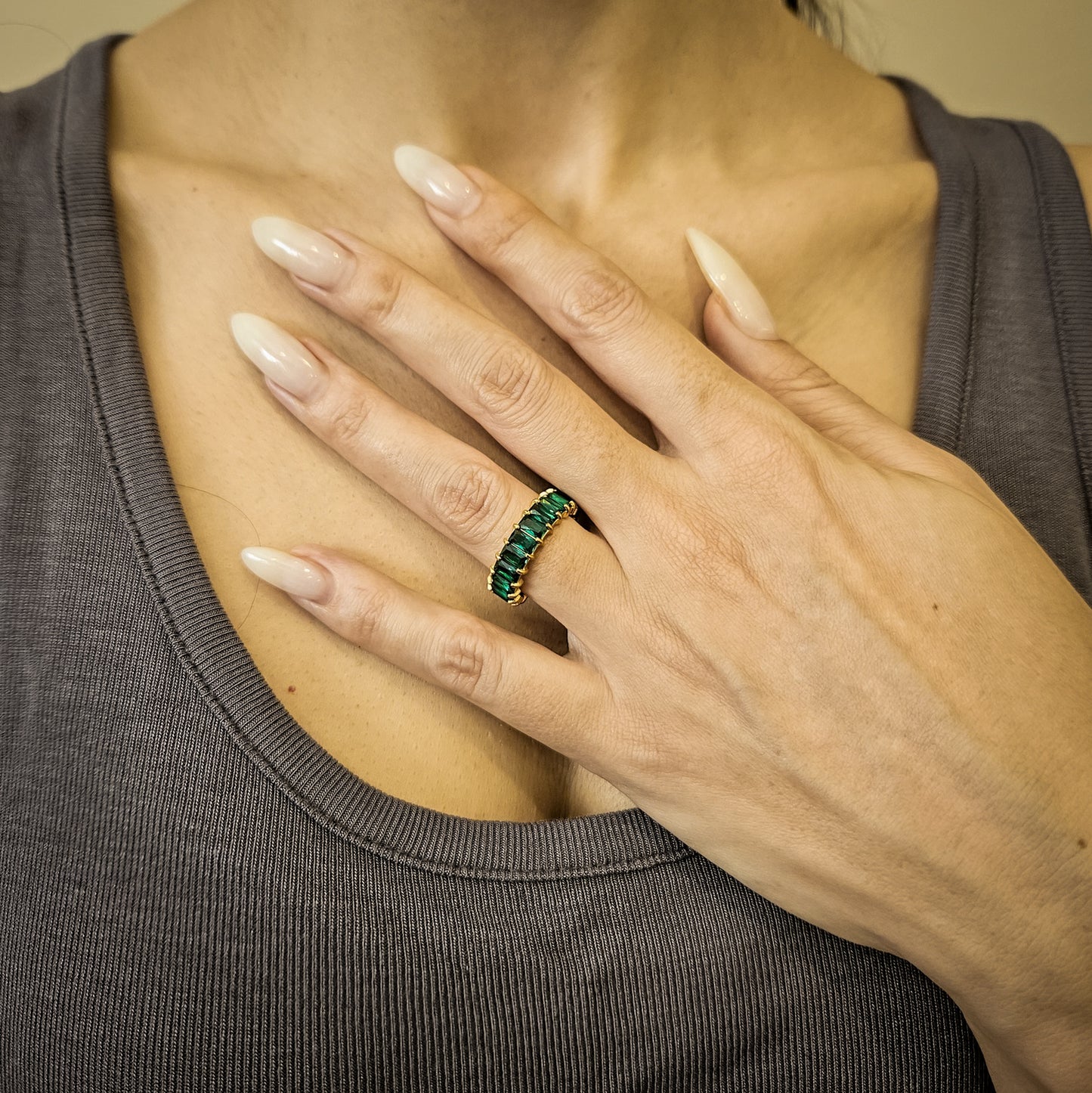 Green & Gold Emerald Cut Eternity Ring