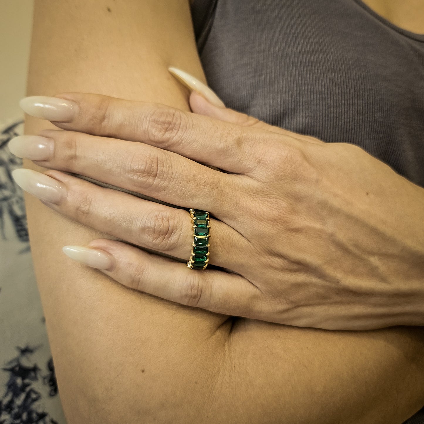 Green & Gold Emerald Cut Eternity Ring