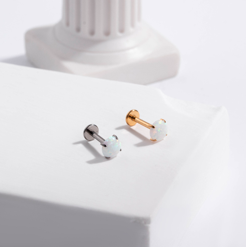White Opal | Stainless Steel Threadless Flat Back Stud 16G Gauge