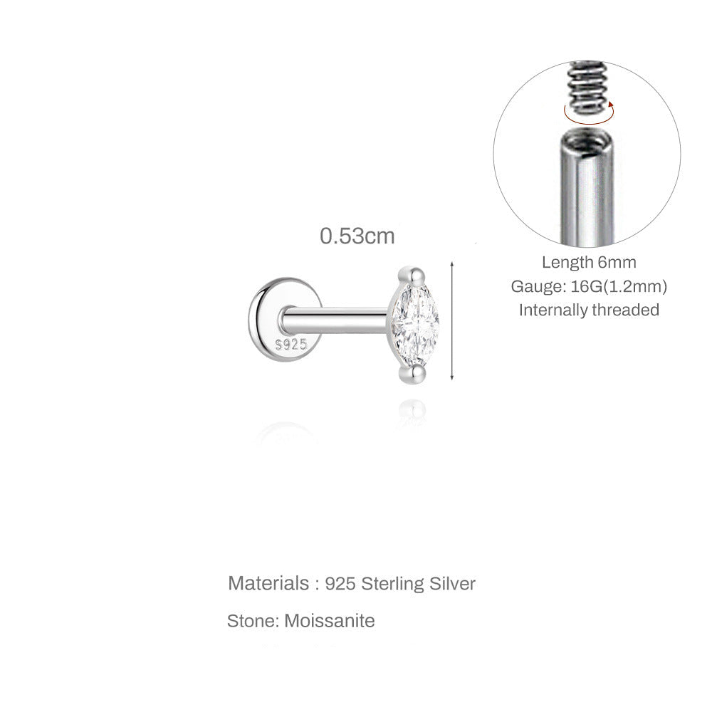 Marquise Moissanite | Sterling Silver Flat Back Stud 16G Gauge