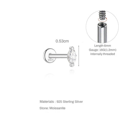 Marquise Moissanite | Sterling Silver Flat Back Stud