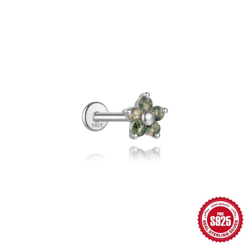 Flower Moss Agate | Sterling Silver Flat Back Stud 16G Gauge