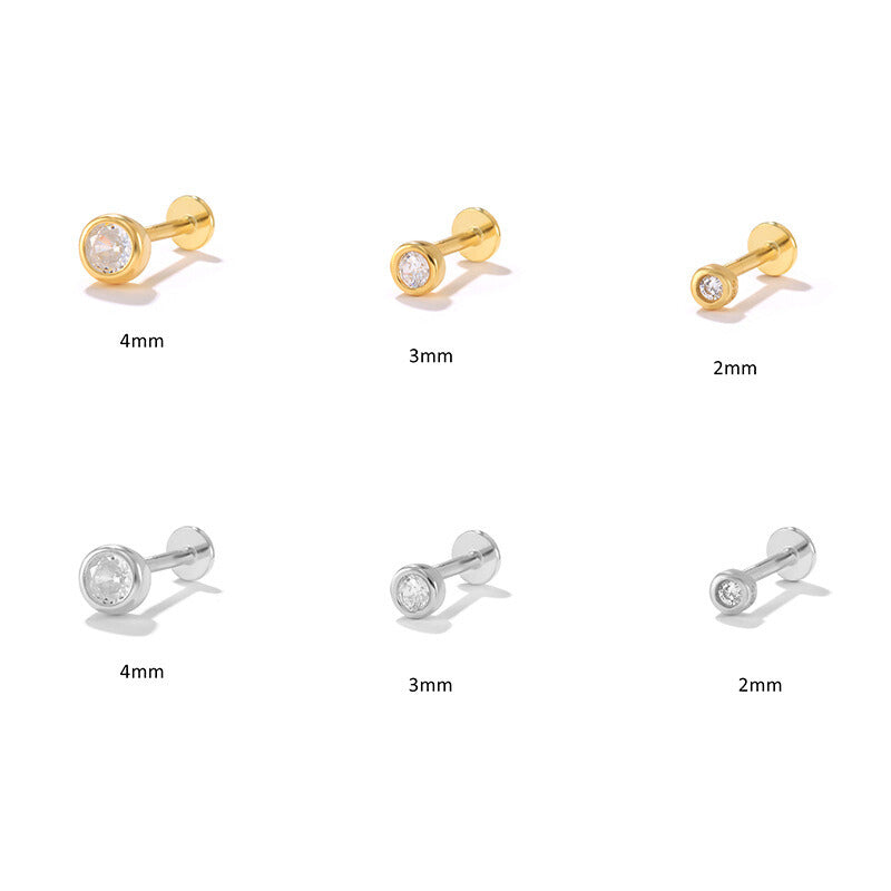 4mm Round Bezel | Sterling Silver Flat Back Stud 16G Gauge