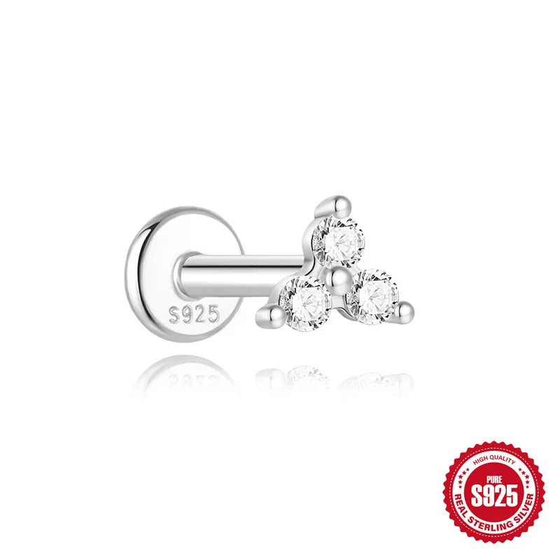 Trio Moissanite | Sterling Silver Flat Back Stud 16G Gauge