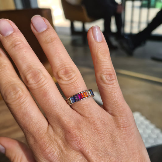 Rainbow Baguette Eternity Ring in Sterling Silver