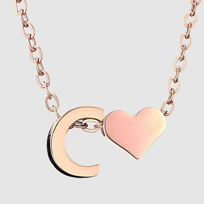 Letter C Stainless steel pure rose gold plated minimalist monogram and heart charm necklace.