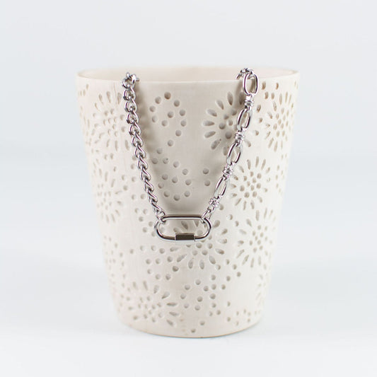 Carabiner Clip Necklace in Steel on white tumbler