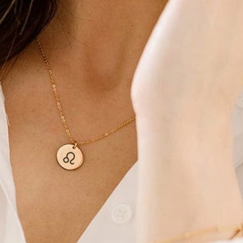 James Jewellery gold plated Zodiac necklace with laser engraved round disc pendant.