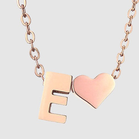 Letter E Stainless steel pure rose gold plated minimalist monogram and heart charm necklace.
