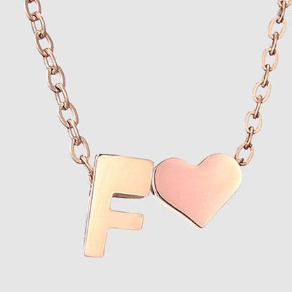 Letter F Stainless steel pure rose gold plated minimalist monogram and heart charm necklace.